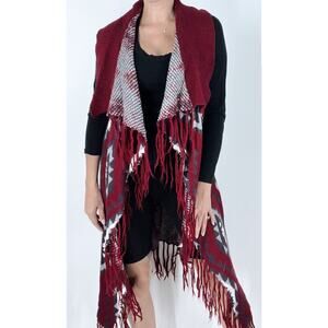 Romeo and Juliet Couture Tribal Aztec Maroon Sleeveless Fringe Vest Size XS